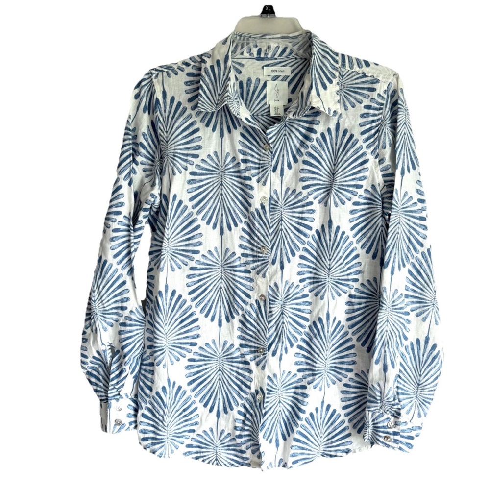 Joie Top Joie Linen Top Button Down Shirt White Blue Leaf Print Sz S